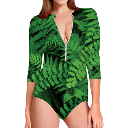 Green Fern Leaf Print Long Sleeve Swimsuit