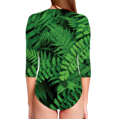 Green Fern Leaf Print Long Sleeve Swimsuit