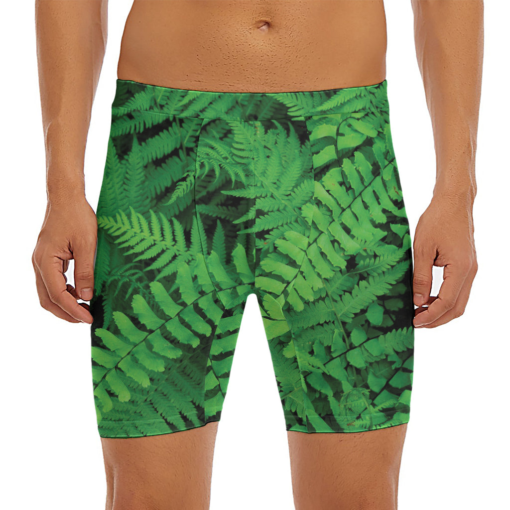 Green Fern Leaf Print Men's Long Boxer Briefs