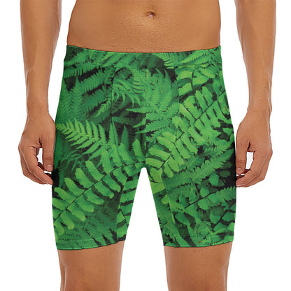 Green Fern Leaf Print Men's Long Boxer Briefs