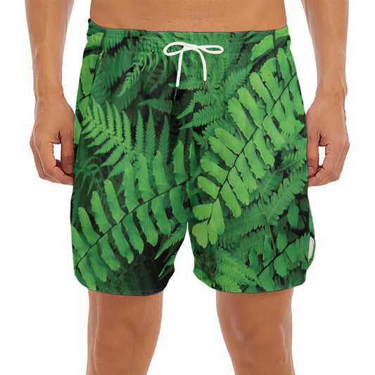 Green Fern Leaf Print Men's Split Running Shorts