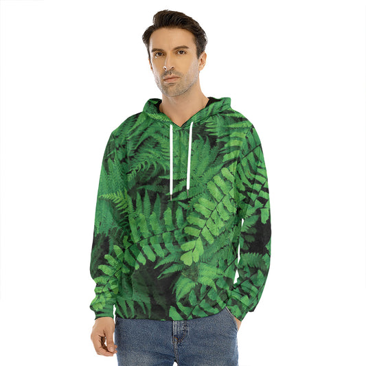 Green Fern Leaf Print Men's Velvet Pullover Hoodie