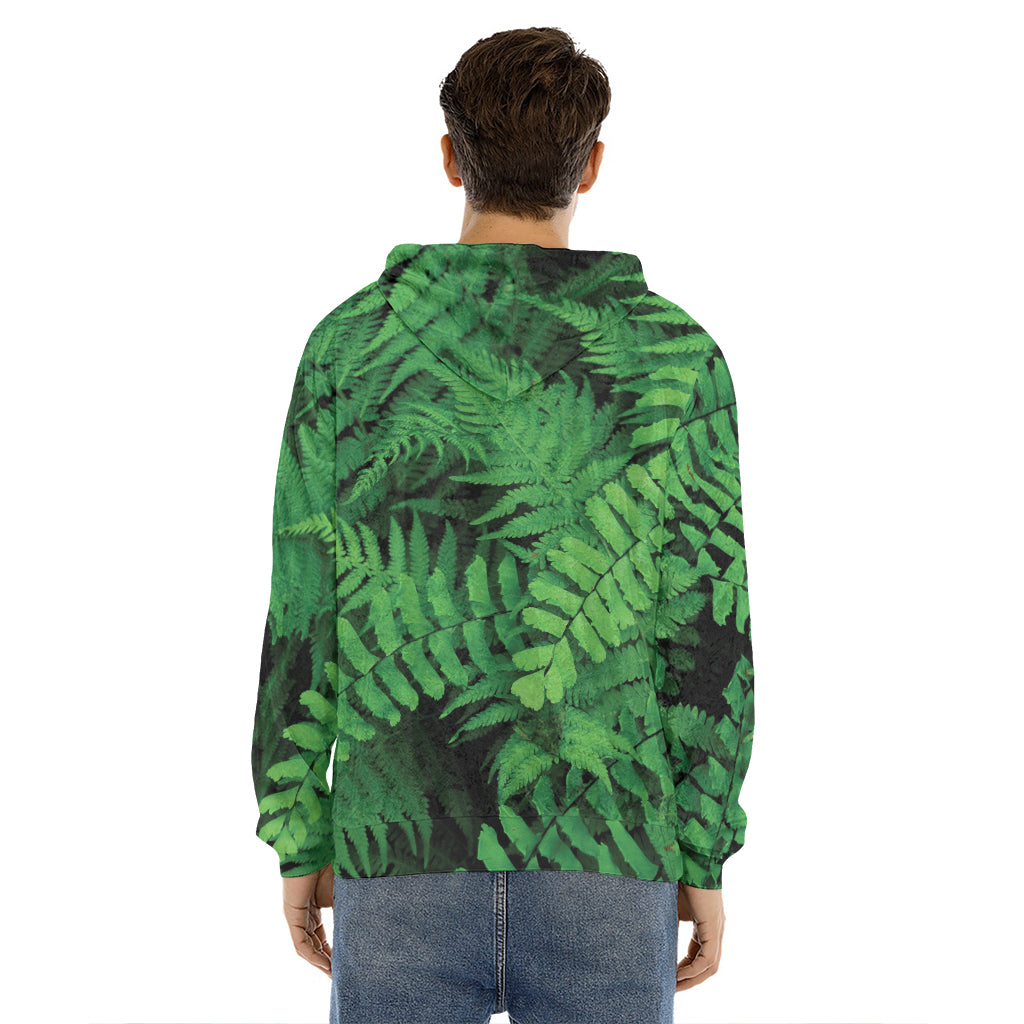 Green Fern Leaf Print Men's Velvet Pullover Hoodie