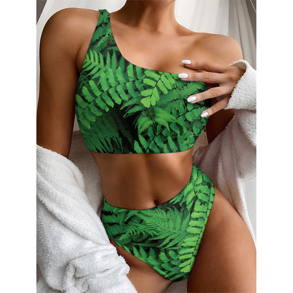 Green Fern Leaf Print One Shoulder Bikini Top
