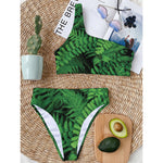 Green Fern Leaf Print One Shoulder Bikini Top