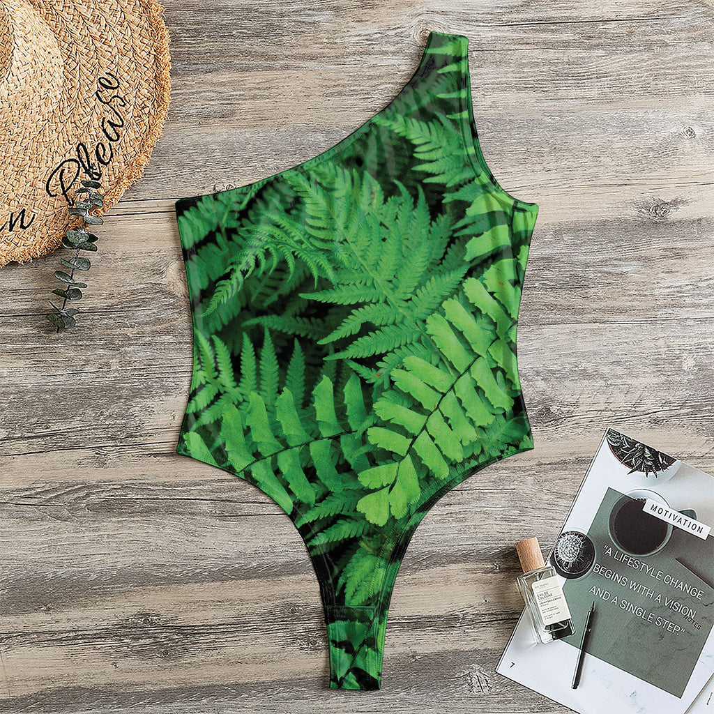 Green Fern Leaf Print One Shoulder Bodysuit