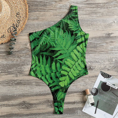 Green Fern Leaf Print One Shoulder Bodysuit