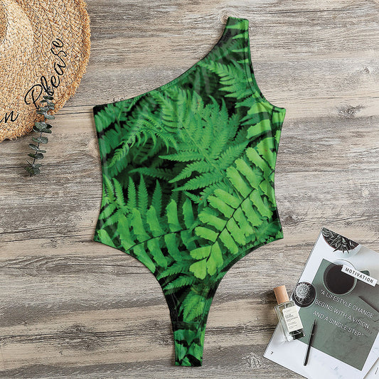 Green Fern Leaf Print One Shoulder Bodysuit