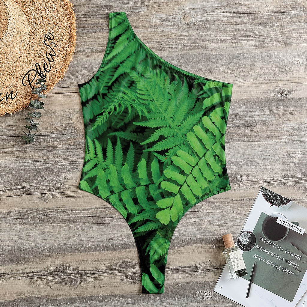 Green Fern Leaf Print One Shoulder Bodysuit