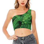 Green Fern Leaf Print One Shoulder Crop Top