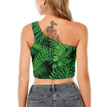 Green Fern Leaf Print One Shoulder Crop Top