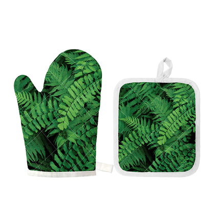 Green Fern Leaf Print Oven Mitt And Pot Holder Set