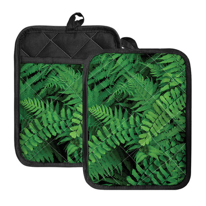 Green Fern Leaf Print Pot Holders With Pocket