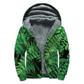 Green Fern Leaf Print Sherpa Lined Zip Up Hoodie