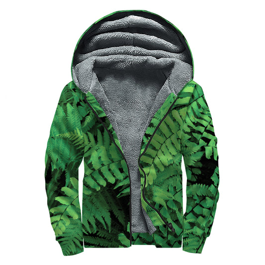 Green Fern Leaf Print Sherpa Lined Zip Up Hoodie