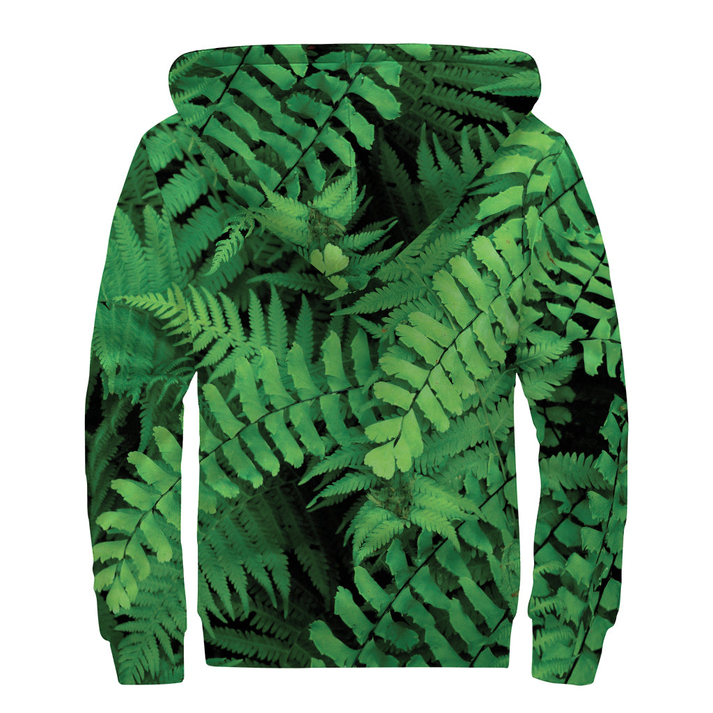 Green Fern Leaf Print Sherpa Lined Zip Up Hoodie