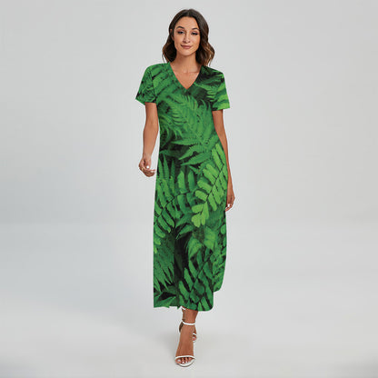 Green Fern Leaf Print Short Sleeve Maxi Dress
