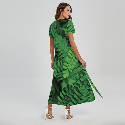 Green Fern Leaf Print Short Sleeve Maxi Dress