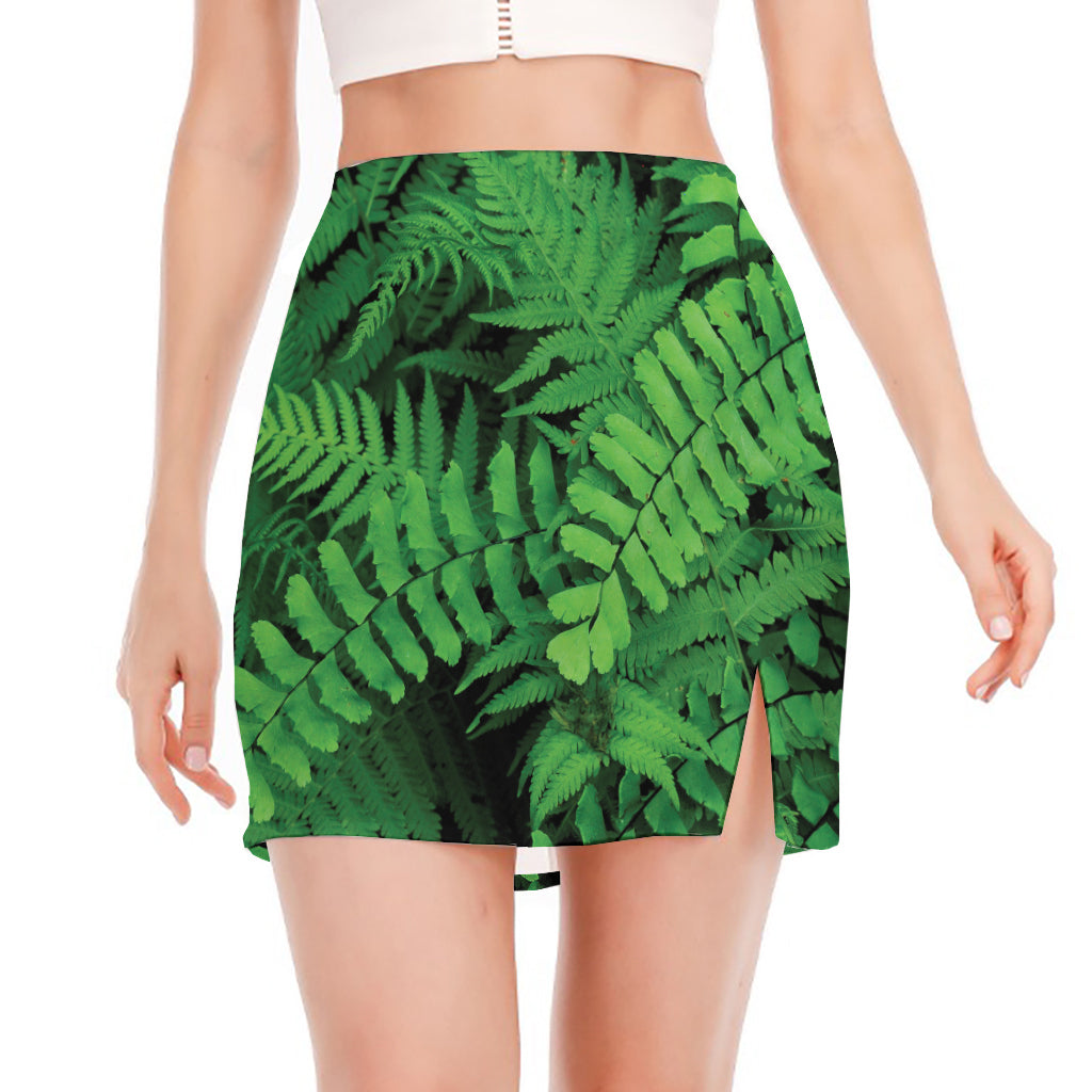 Green Fern Leaf Print Side Slit Mini Skirt