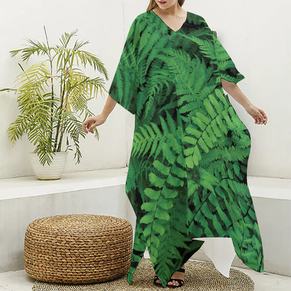 Green Fern Leaf Print Silk V-Neck Kaftan Dress