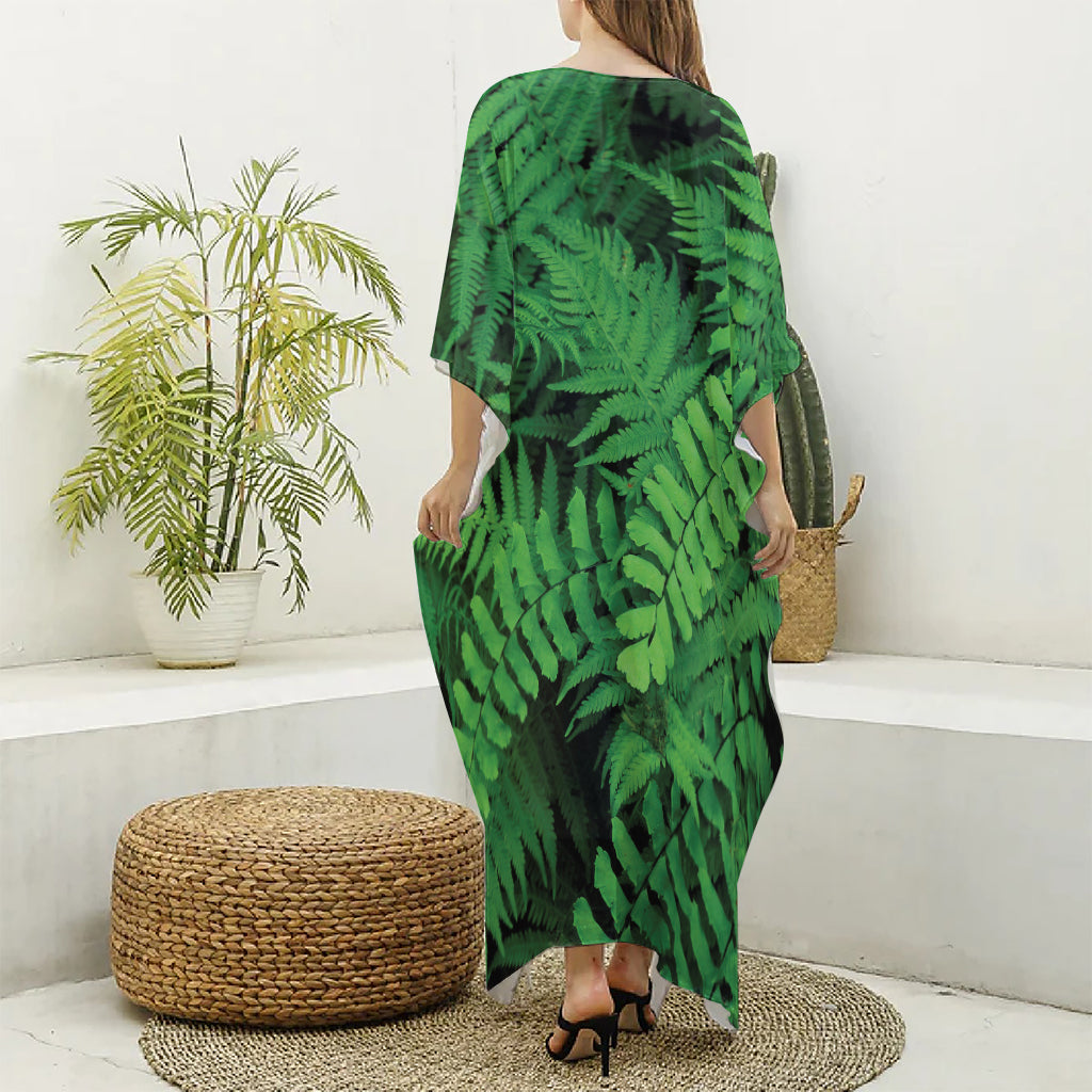 Green Fern Leaf Print Silk V-Neck Kaftan Dress