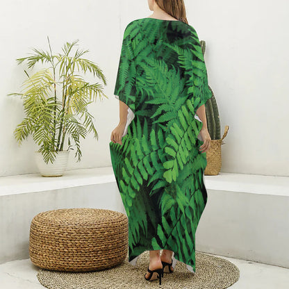 Green Fern Leaf Print Silk V-Neck Kaftan Dress