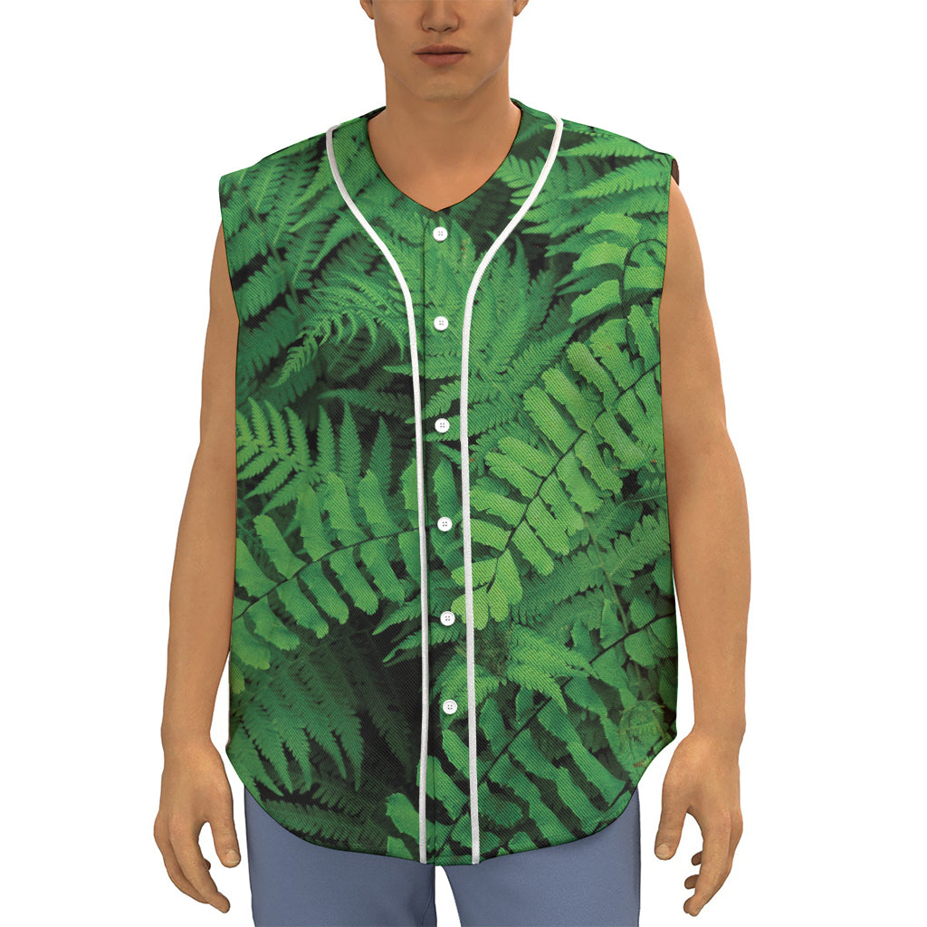 Green Fern Leaf Print Sleeveless Baseball Jersey