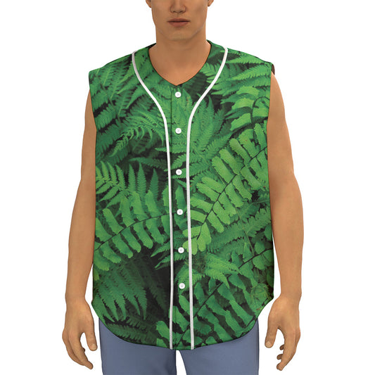 Green Fern Leaf Print Sleeveless Baseball Jersey