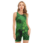Green Fern Leaf Print Sleeveless One Piece Swimsuit