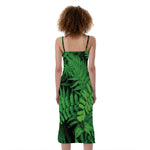 Green Fern Leaf Print Slim Fit Midi Cami Dress