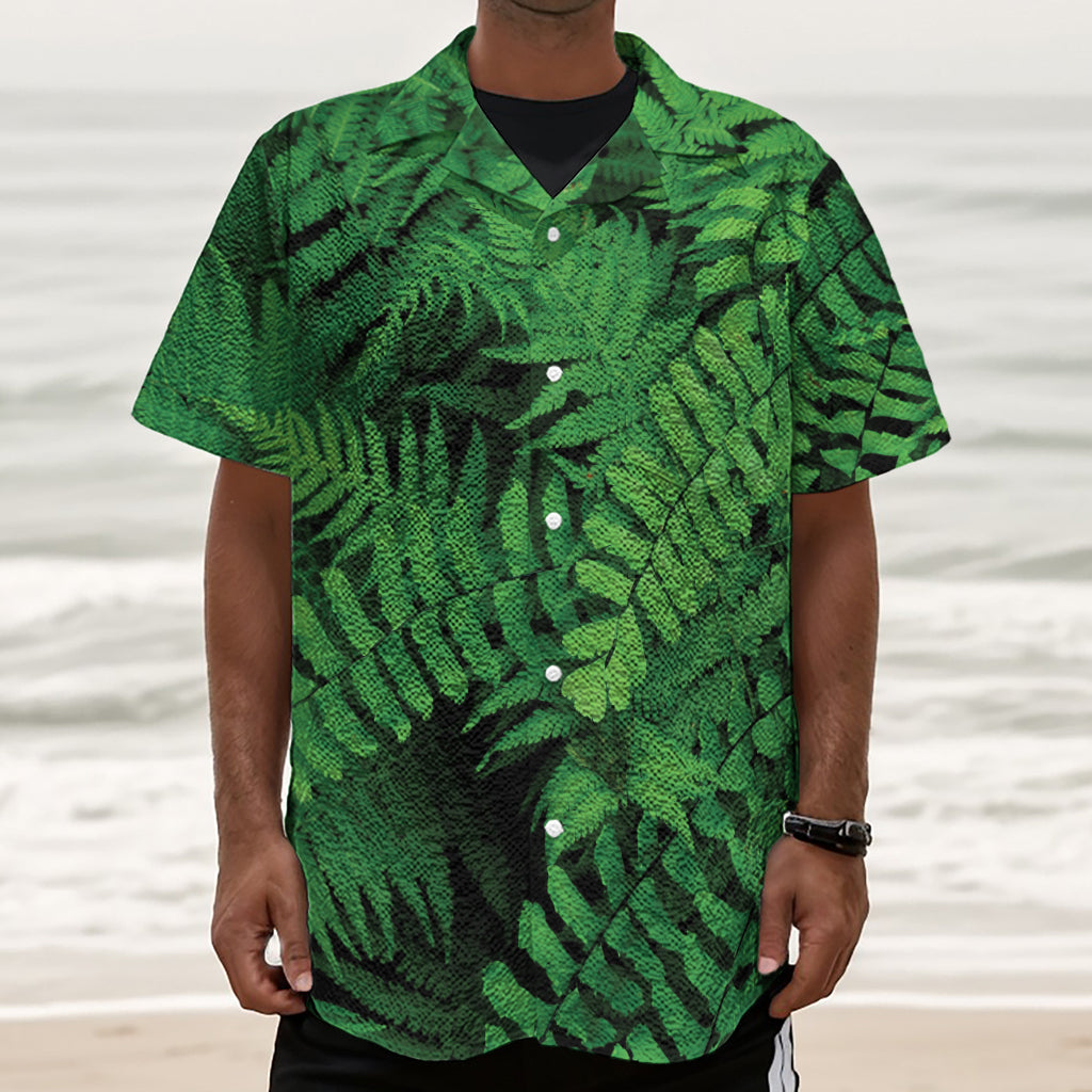 Green Fern Leaf Print Textured Short Sleeve Shirt