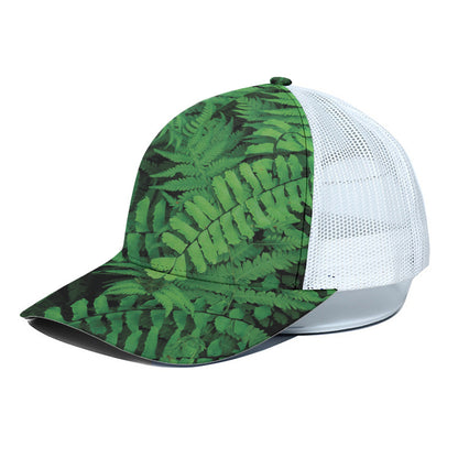 Green Fern Leaf Print White Mesh Trucker Cap