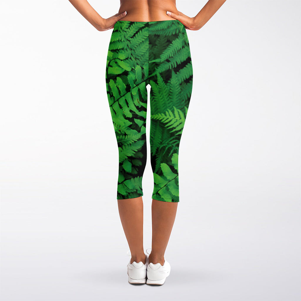 Green Fern Leaf Print Women's Capri Leggings