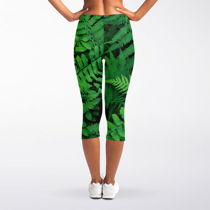 Green Fern Leaf Print Women's Capri Leggings