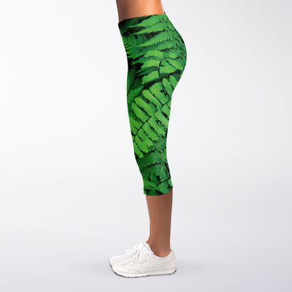 Green Fern Leaf Print Women's Capri Leggings