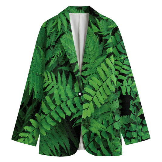 Green Fern Leaf Print Women's Cotton Blazer