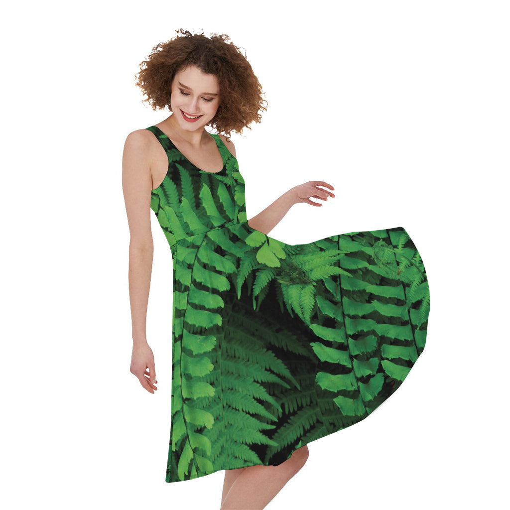 Green Fern Leaf Print Women's Sleeveless Dress