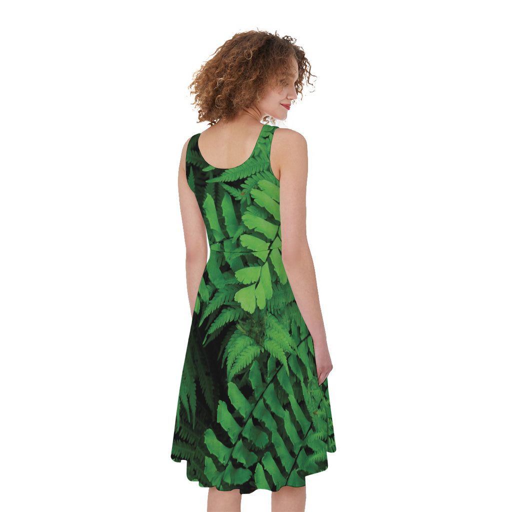 Green Fern Leaf Print Women's Sleeveless Dress