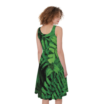 Green Fern Leaf Print Women's Sleeveless Dress