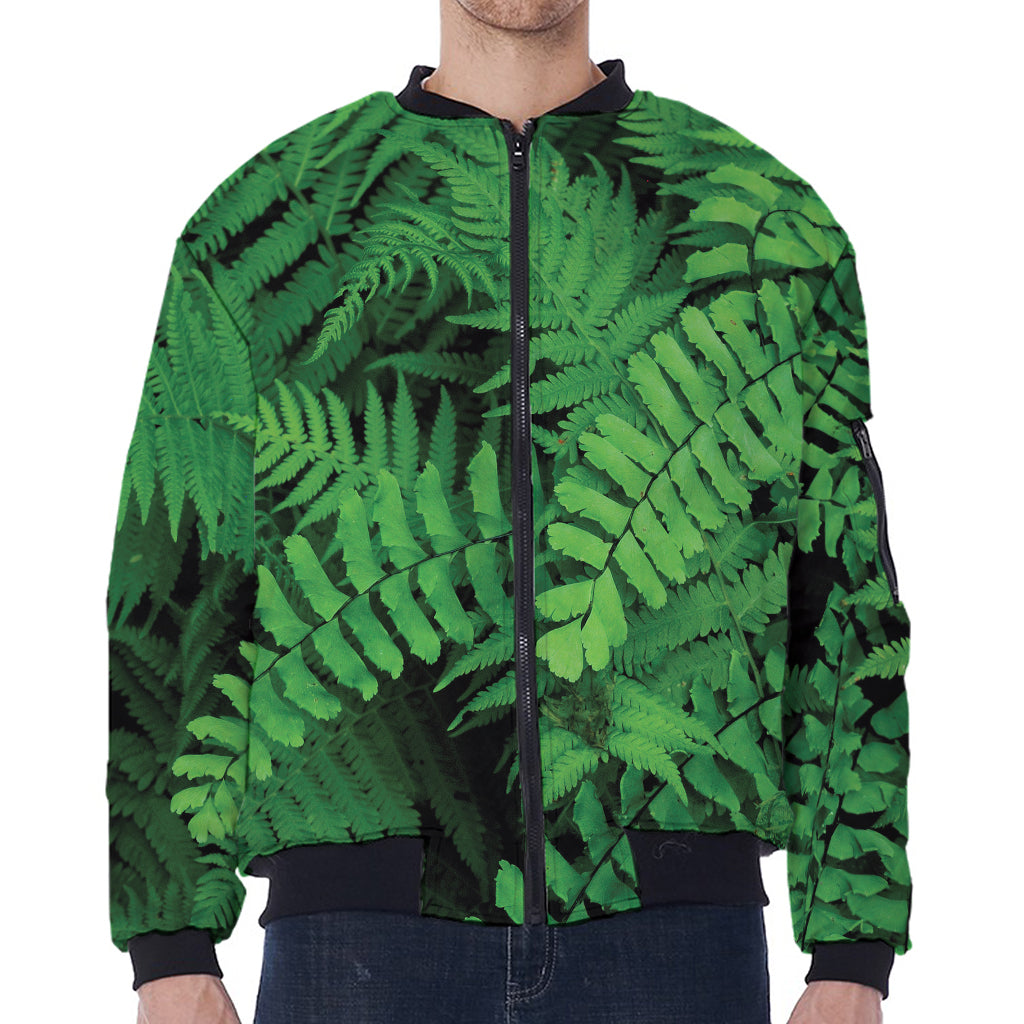 Green Fern Leaf Print Zip Sleeve Bomber Jacket