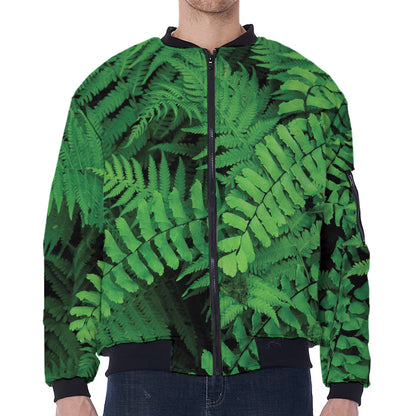 Green Fern Leaf Print Zip Sleeve Bomber Jacket