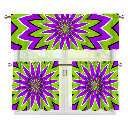 Green Flower Moving Optical Illusion 3 Piece Kitchen Curtains