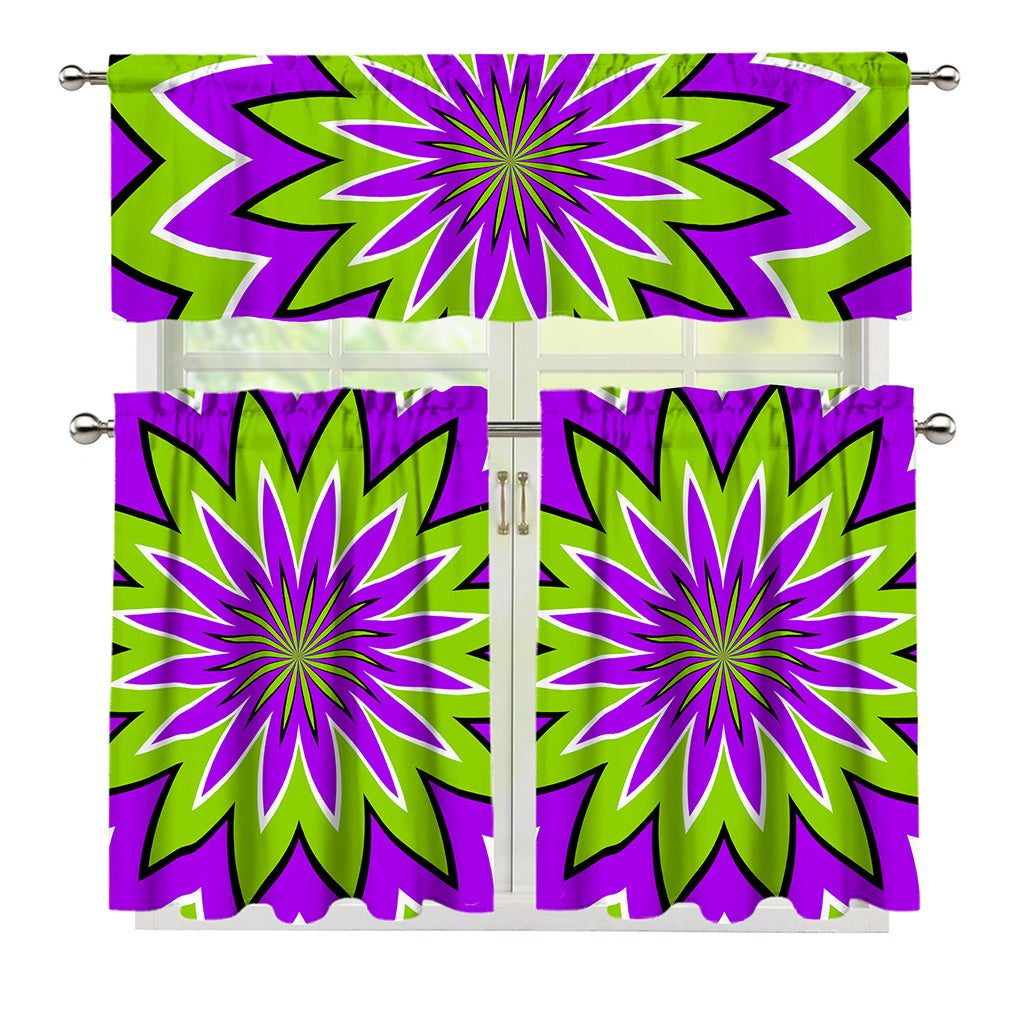 Green Flower Moving Optical Illusion 3 Piece Kitchen Curtains
