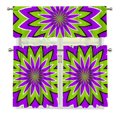 Green Flower Moving Optical Illusion 3 Piece Kitchen Curtains