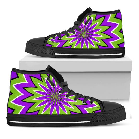 Green Flower Moving Optical Illusion Black High Top Sneakers