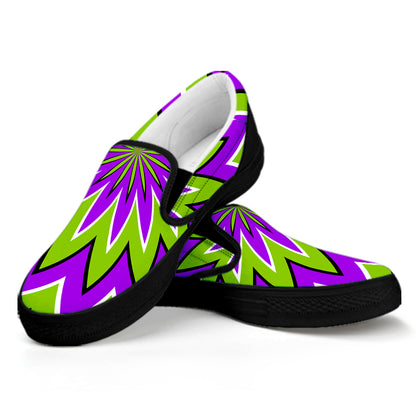 Green Flower Moving Optical Illusion Black Slip On Sneakers