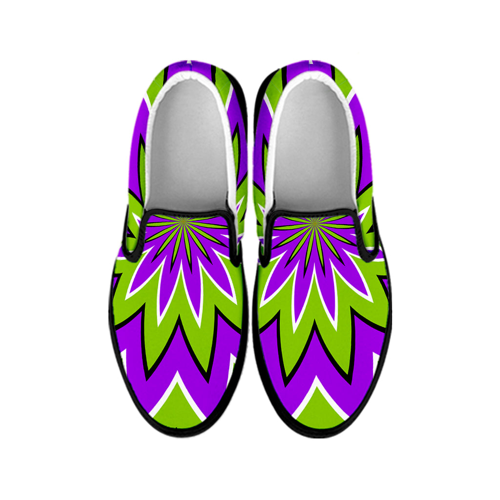 Green Flower Moving Optical Illusion Black Slip On Sneakers