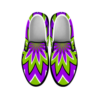 Green Flower Moving Optical Illusion Black Slip On Sneakers