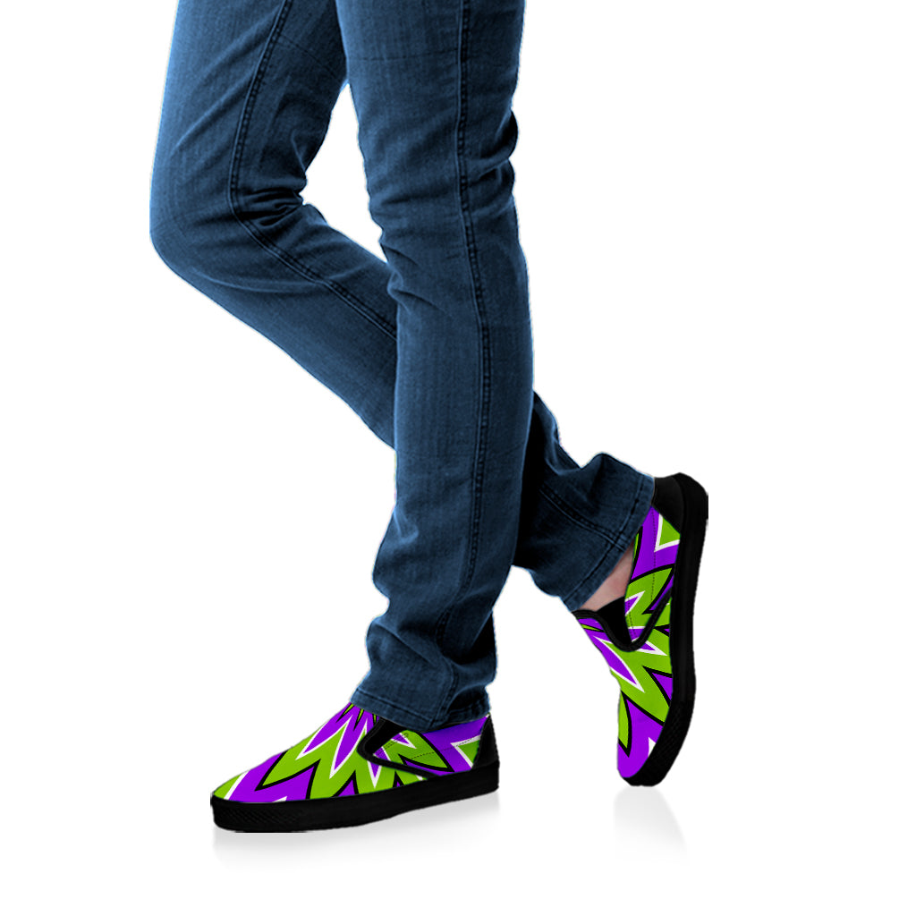 Green Flower Moving Optical Illusion Black Slip On Sneakers