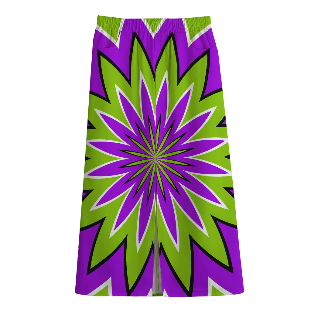 Green Flower Moving Optical Illusion Cotton Front Slit Maxi Skirt